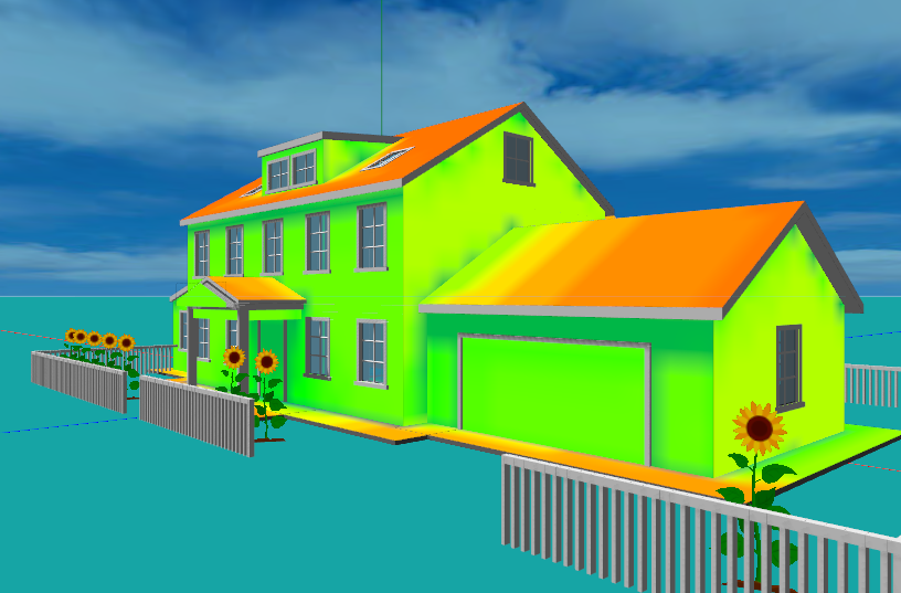 A solar-radiation heatmap painted across a house roof in Aladdin