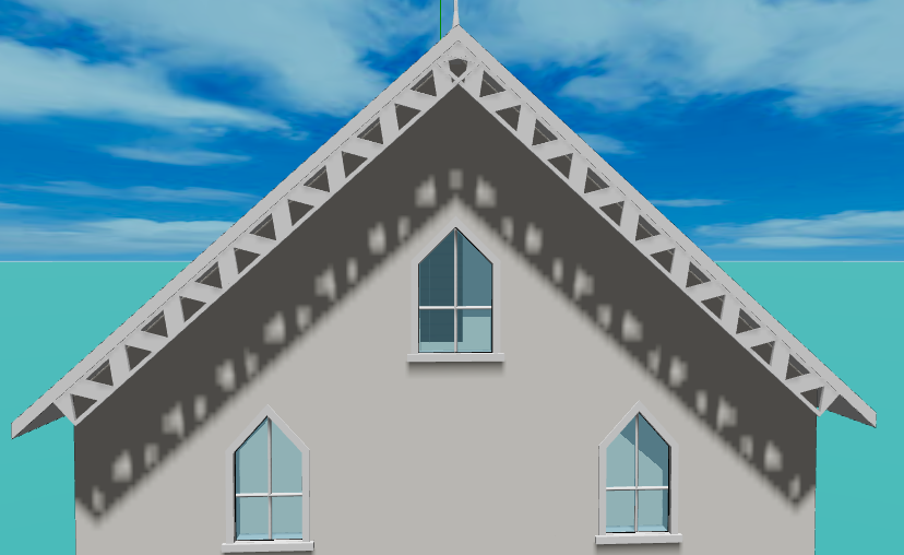 A gable end with a lattice bargeboard: alternating triangles cut away, leaving a zigzag of diagonal bracing