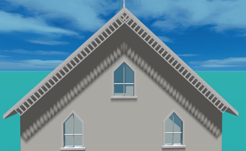 A gable end with a spindle bargeboard: a close-set run of turned spindles between two rails
