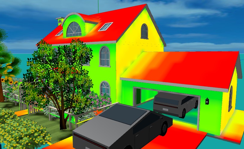 A solar-radiation heatmap painted across a landscaped house in Aladdin: red on the sunlit roofs and the driveway, green on the shaded walls