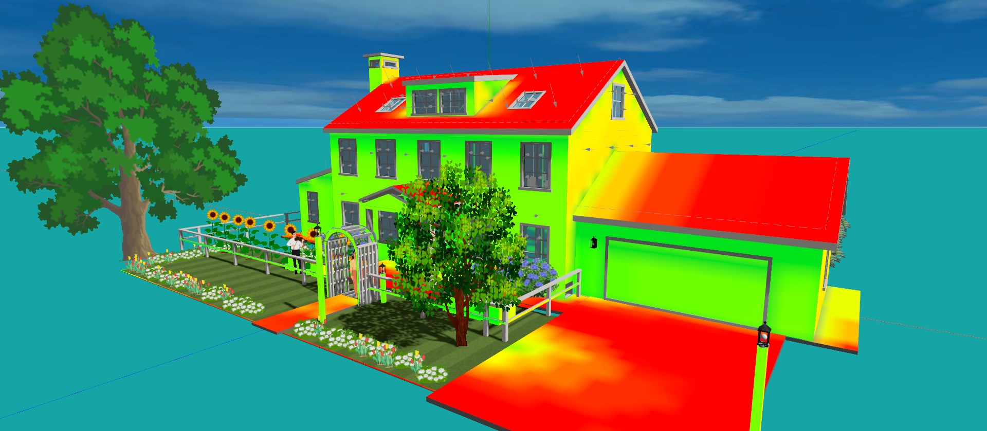 A solar-radiation heatmap painted across a landscaped house in Aladdin: red on the sunlit roofs and the driveway, green on the shaded walls