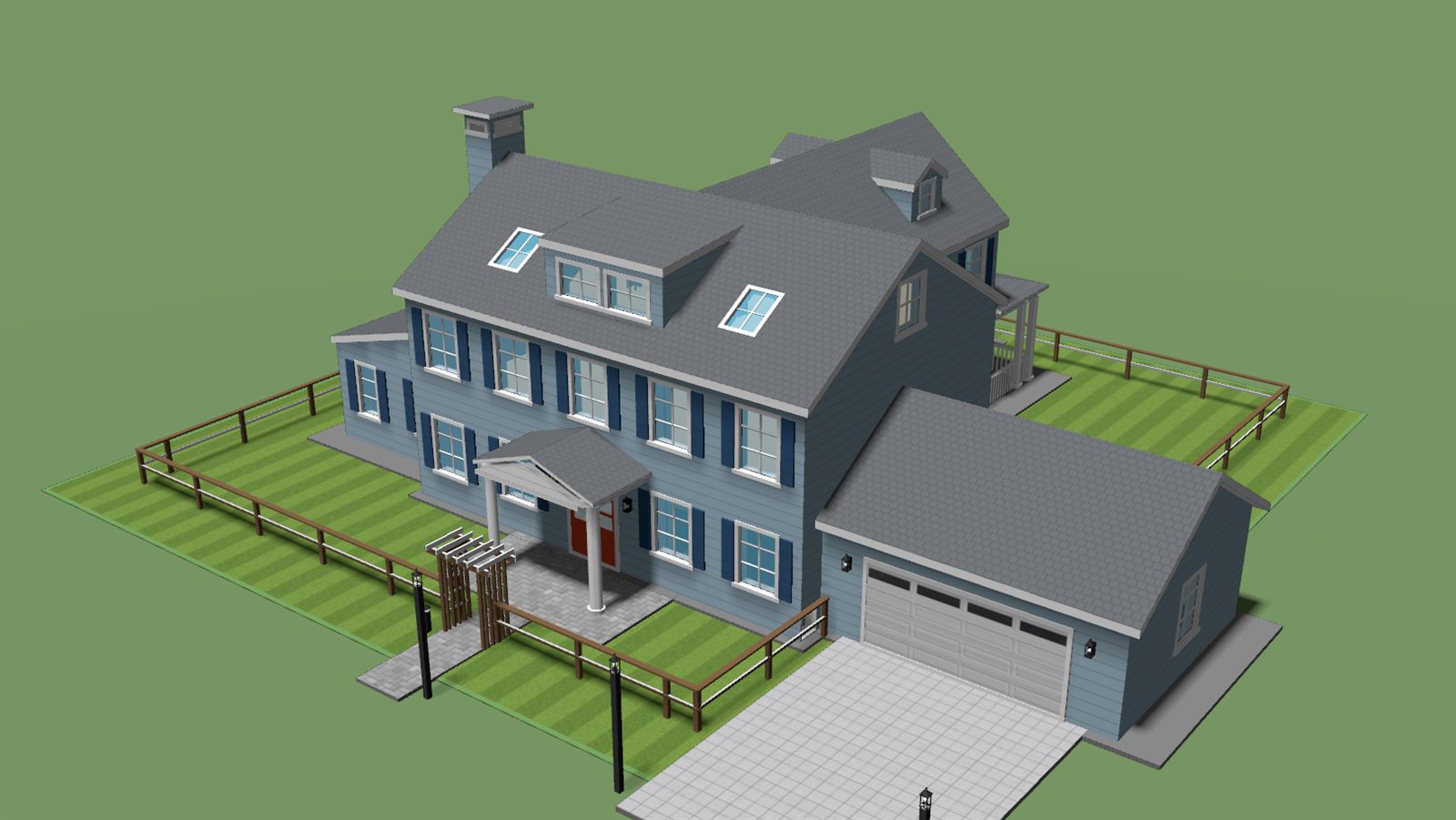 A split-rail fence of sparse posts and horizontal rails around a house