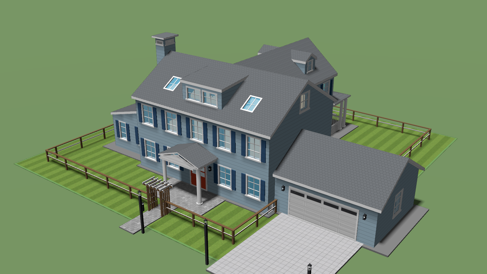 A split-rail fence of sparse posts and horizontal rails around a house