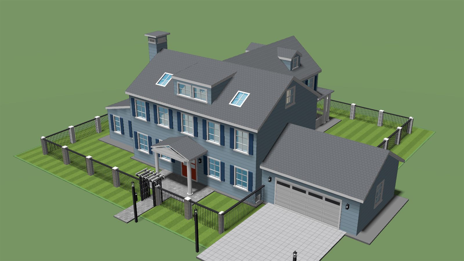 A fence of masonry piers with dark iron infill around a house
