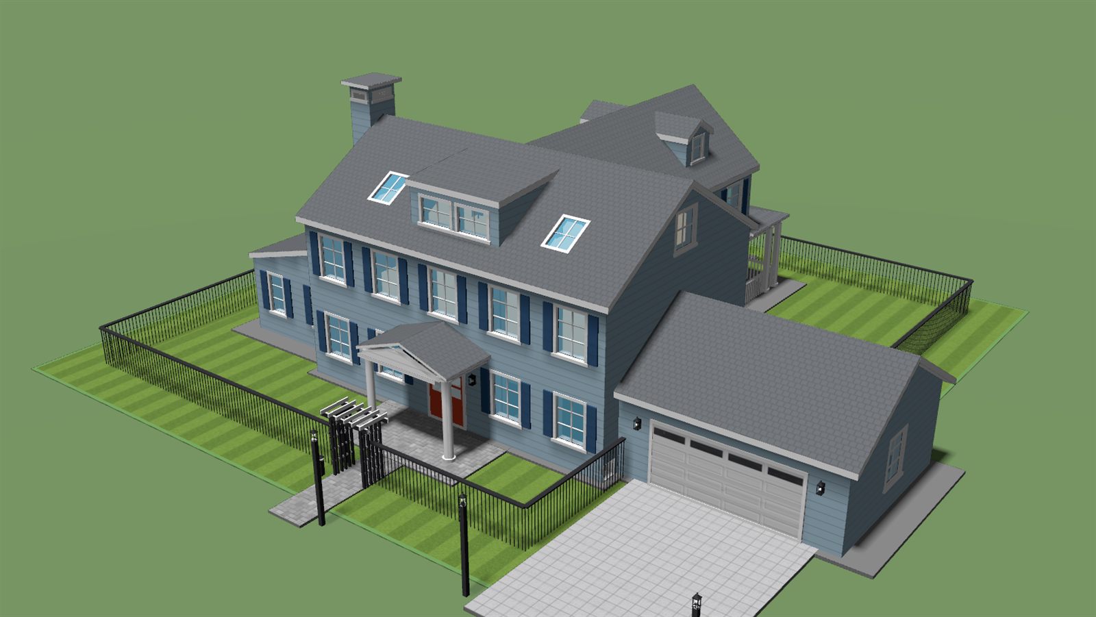 A wrought-iron fence of thin dark round pickets around a house