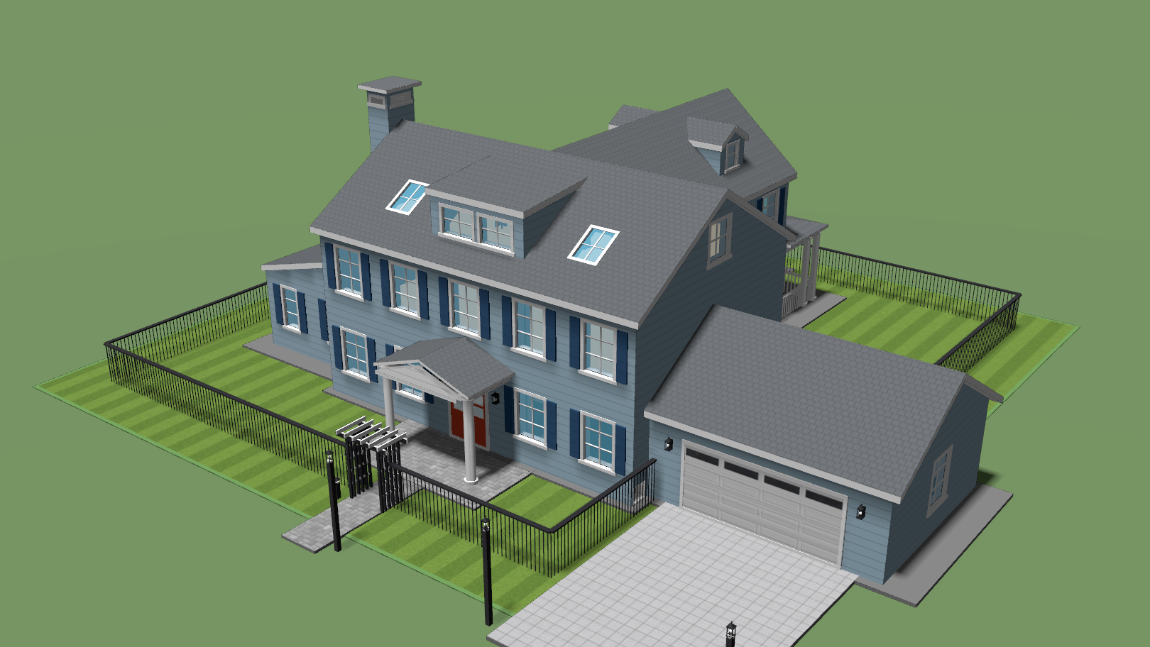 A wrought-iron fence of thin dark round pickets around a house