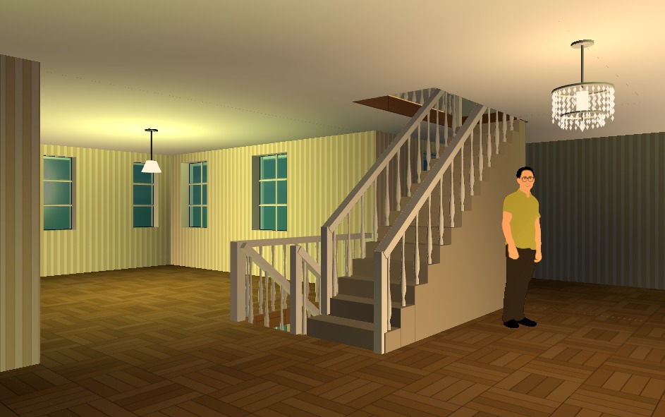 The upstairs of a house at night: a parquet floor, ivory striped wallpaper on one side and slate stripe on the other, a pendant over the far room and a crystal fitting near the camera, and a staircase arriving through an opening in the floor behind a turned balustrade, with a figure standing beside it