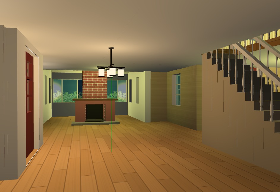 A first-person view inside a house at night: oak plank floor, a lit chandelier, a brick chimney breast with a fireplace between two windows, sage paint on one wall and beadboard on another, and a staircase with turned balusters climbing to the floor above