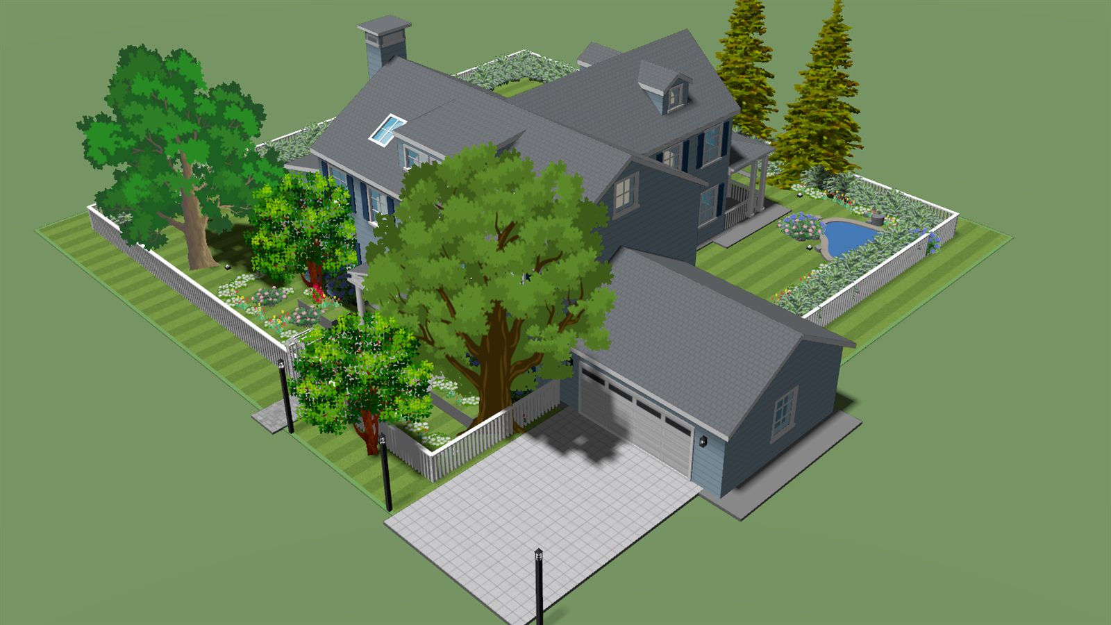 A cottage garden laid around a T-plan house with an attached garage: flower beds against the facades, a picket fence, a paved driveway, shade trees and a lawn