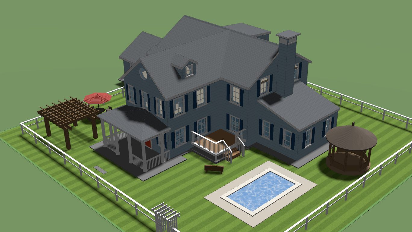 The back yard of a T-plan house with a swimming pool, a pergola, a gazebo, a patio set with a red umbrella and a bench