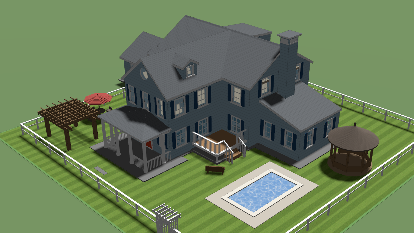 The back yard of a T-plan house with a swimming pool, a pergola, a gazebo, a patio set with a red umbrella and a bench
