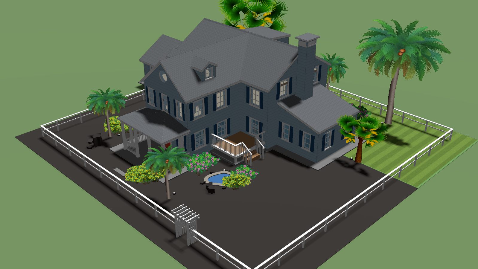 A Hawaiian lava garden: green lawn in front of the house giving way to a black basalt terrace with a lagoon pond behind it