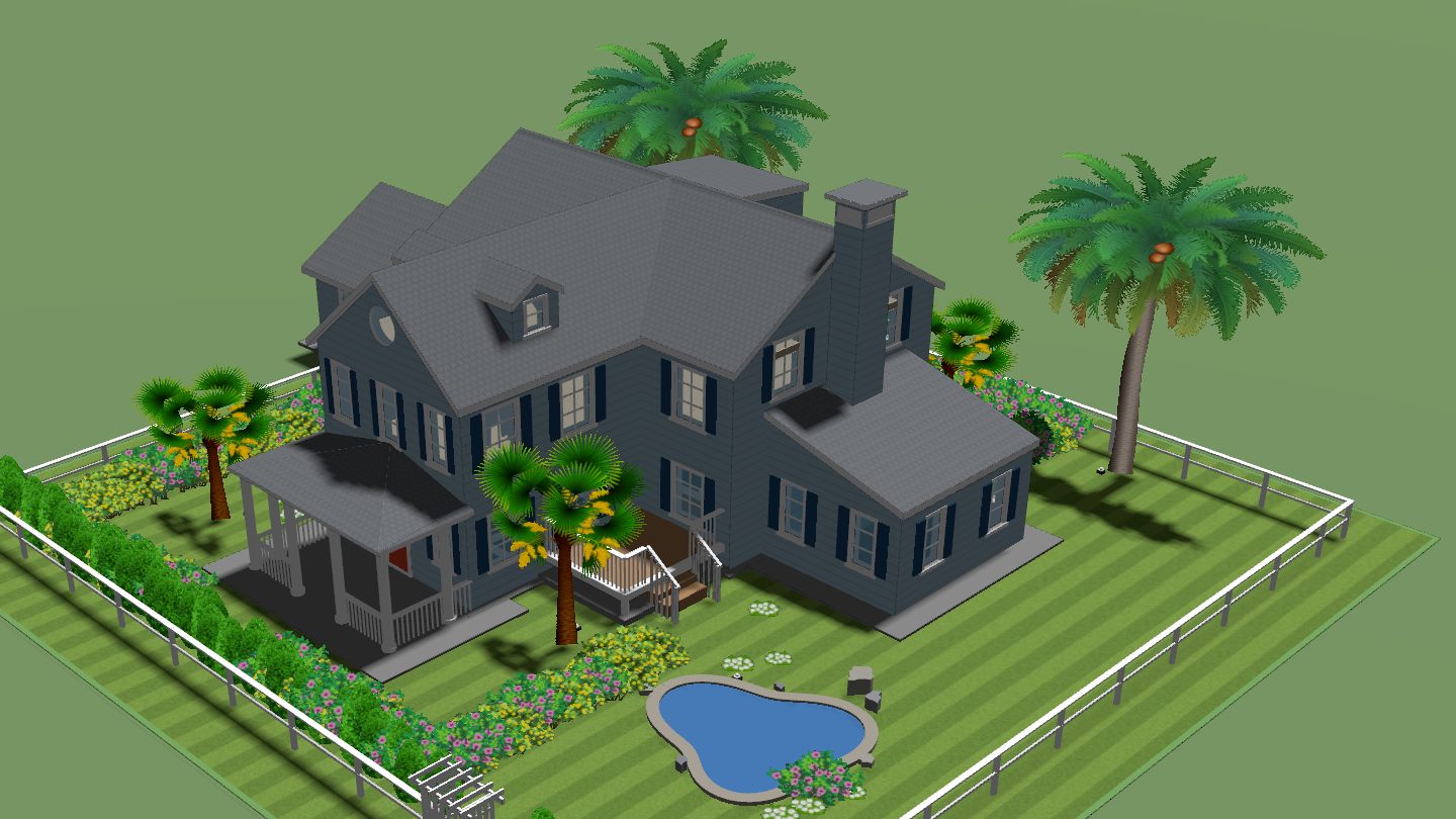 A tropical resort garden: palms leaning over a centerpiece pond with hibiscus drifts and mown lawn running to the water