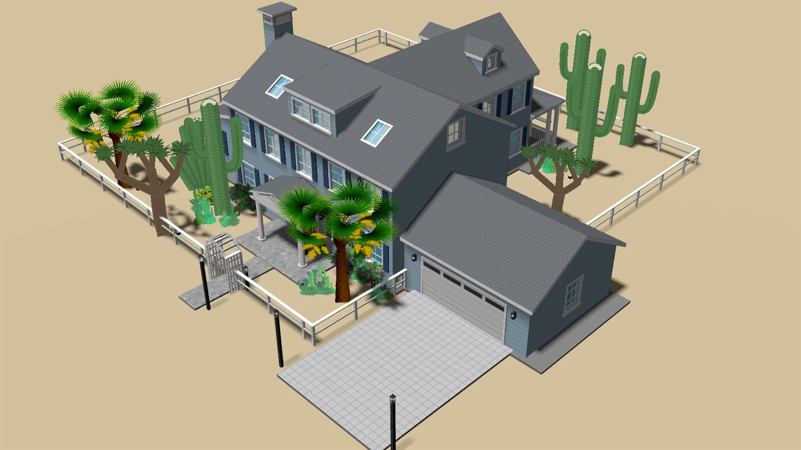 A desert garden: saguaro, organ pipe cactus and Joshua trees over cactus drifts, with fan palms for shade