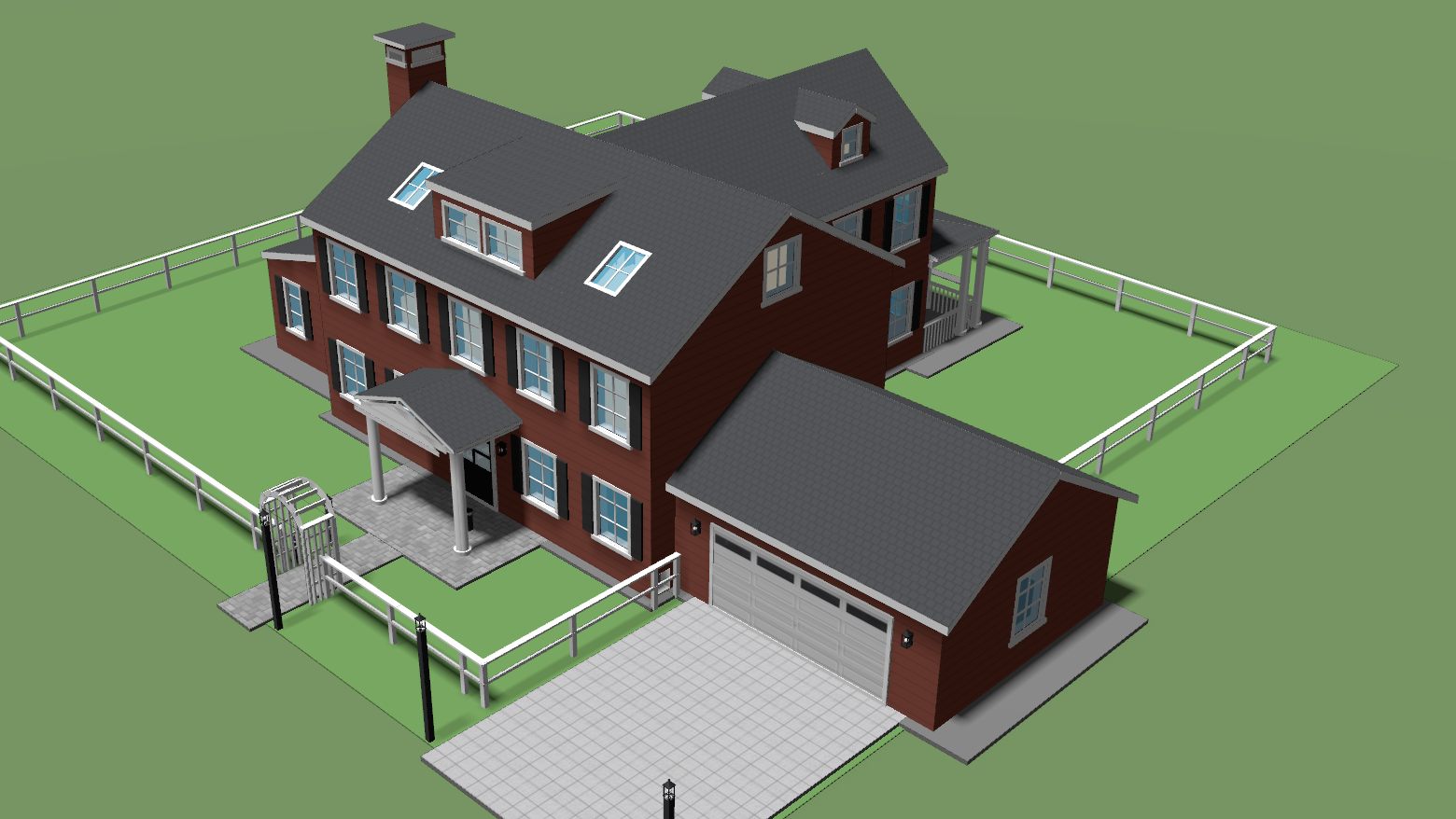 The same house painted in the Red Brick scheme: red-brick body, white trim, black shutters and door, charcoal roof