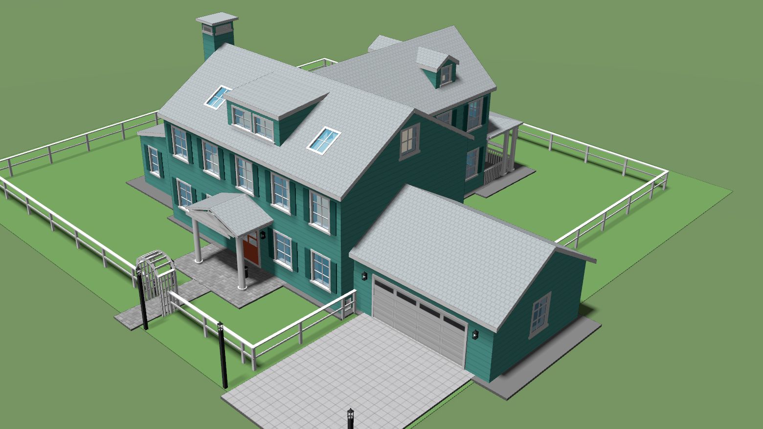 The same house painted in the Key West Tropical scheme: turquoise body, white trim, deep-teal shutters, a coral door and a silver metal roof