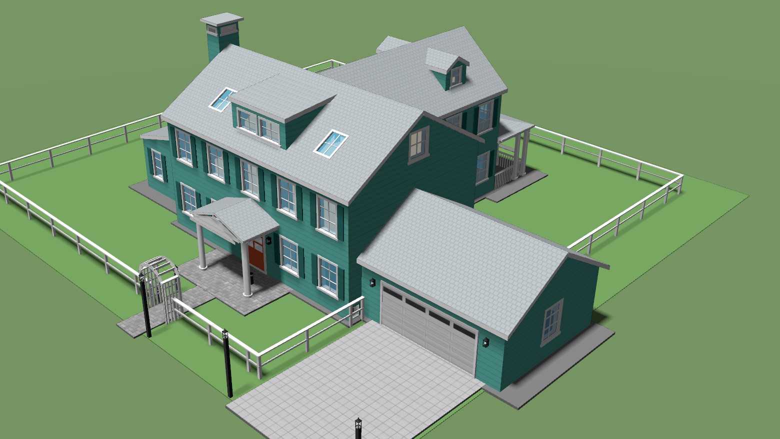 The same house painted in the Key West Tropical scheme: turquoise body, white trim, deep-teal shutters, a coral door and a silver metal roof
