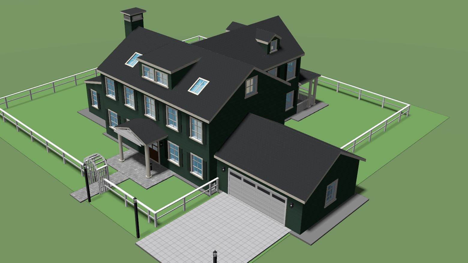 The same house painted in the Forest Lodge scheme: deep forest-green body, stone-cream trim, near-black shutters, a walnut door and a black roof