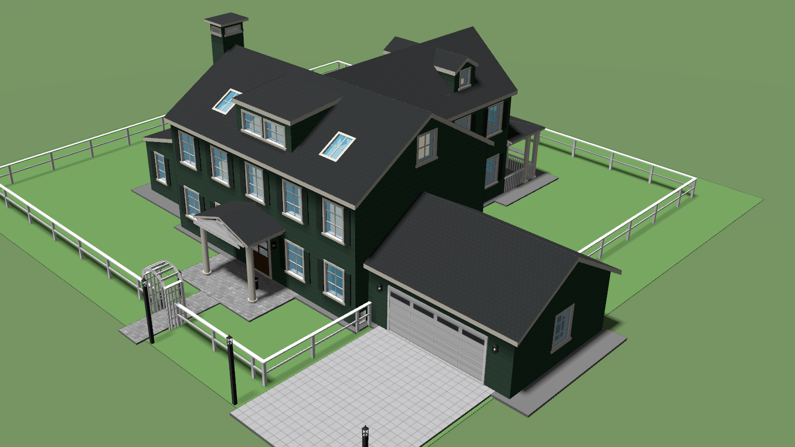The same house painted in the Forest Lodge scheme: deep forest-green body, stone-cream trim, near-black shutters, a walnut door and a black roof