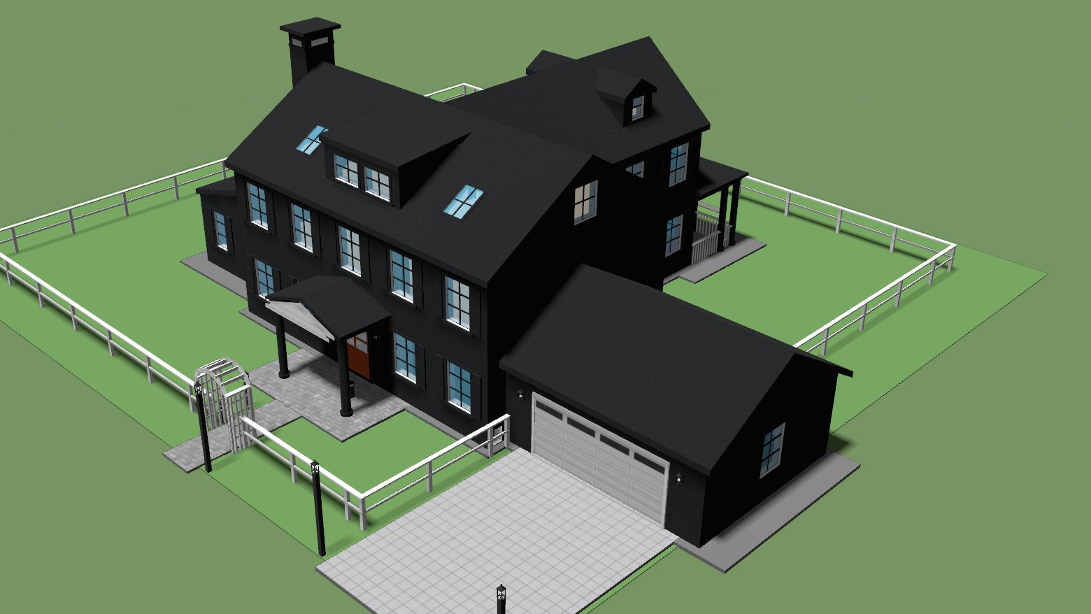 The same house painted in the Monochrome Noir scheme: black body, trim, shutters and roof, with a burnt-orange door