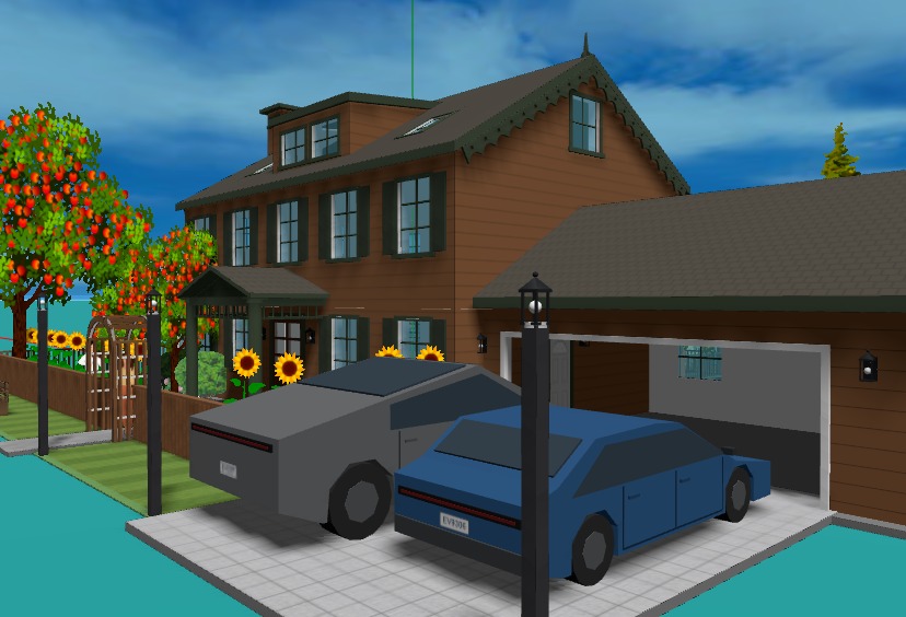 A stainless angular electric pickup and a blue sedan parked nose-in on the driveway apron of a brown house, in front of an attached garage with its door standing open