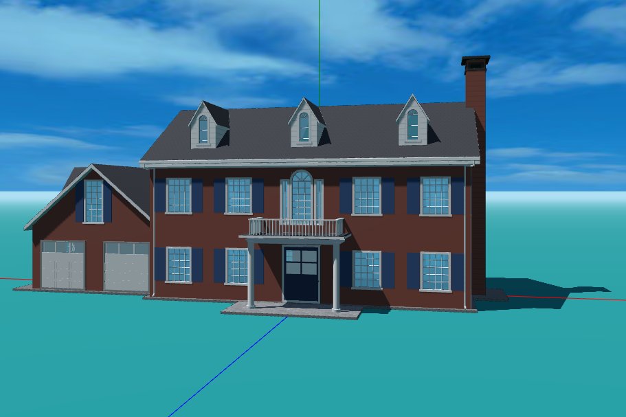 The same house rebuilt as an editable 3D model in Aladdin, seen from the same corner