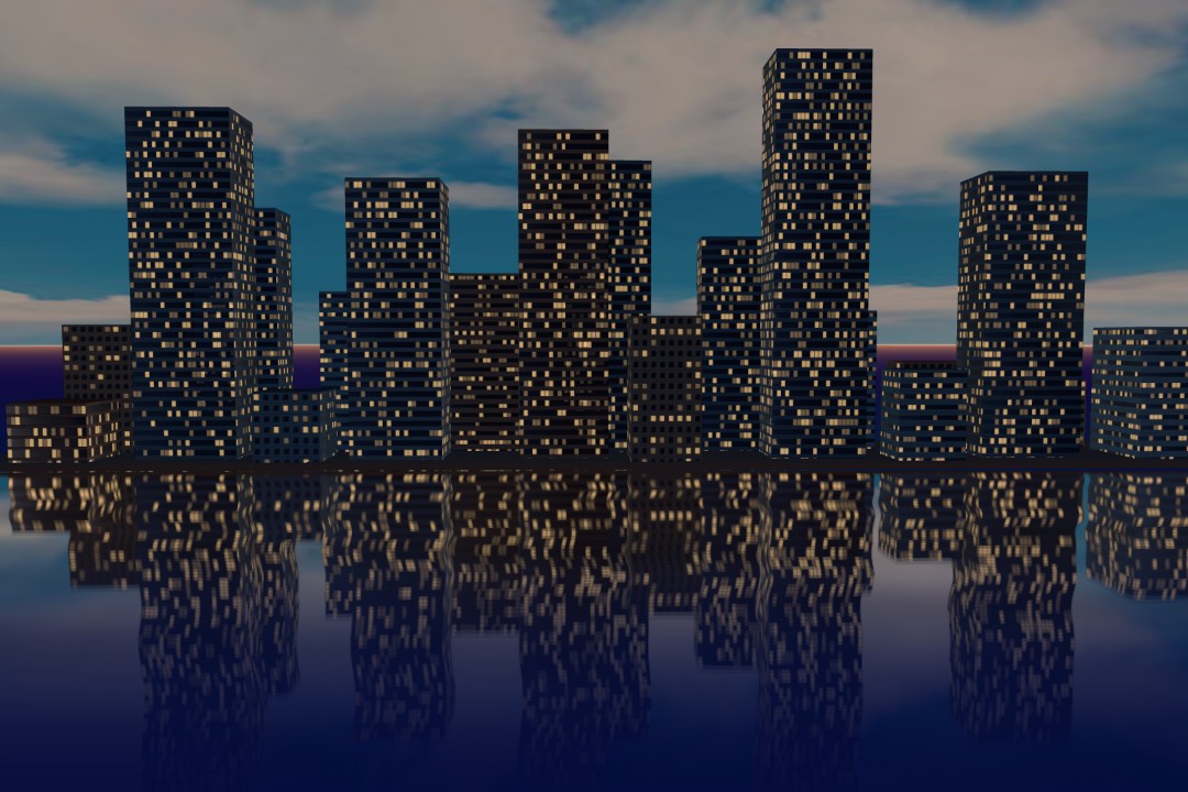 A skyline of the same character built as a 3D model in Aladdin, seen across the water at dusk