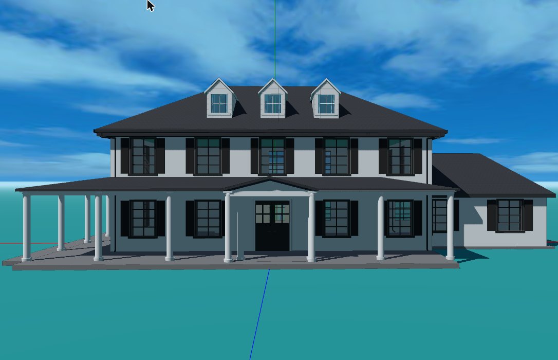 The same house built in Aladdin from that rendering, seen straight on