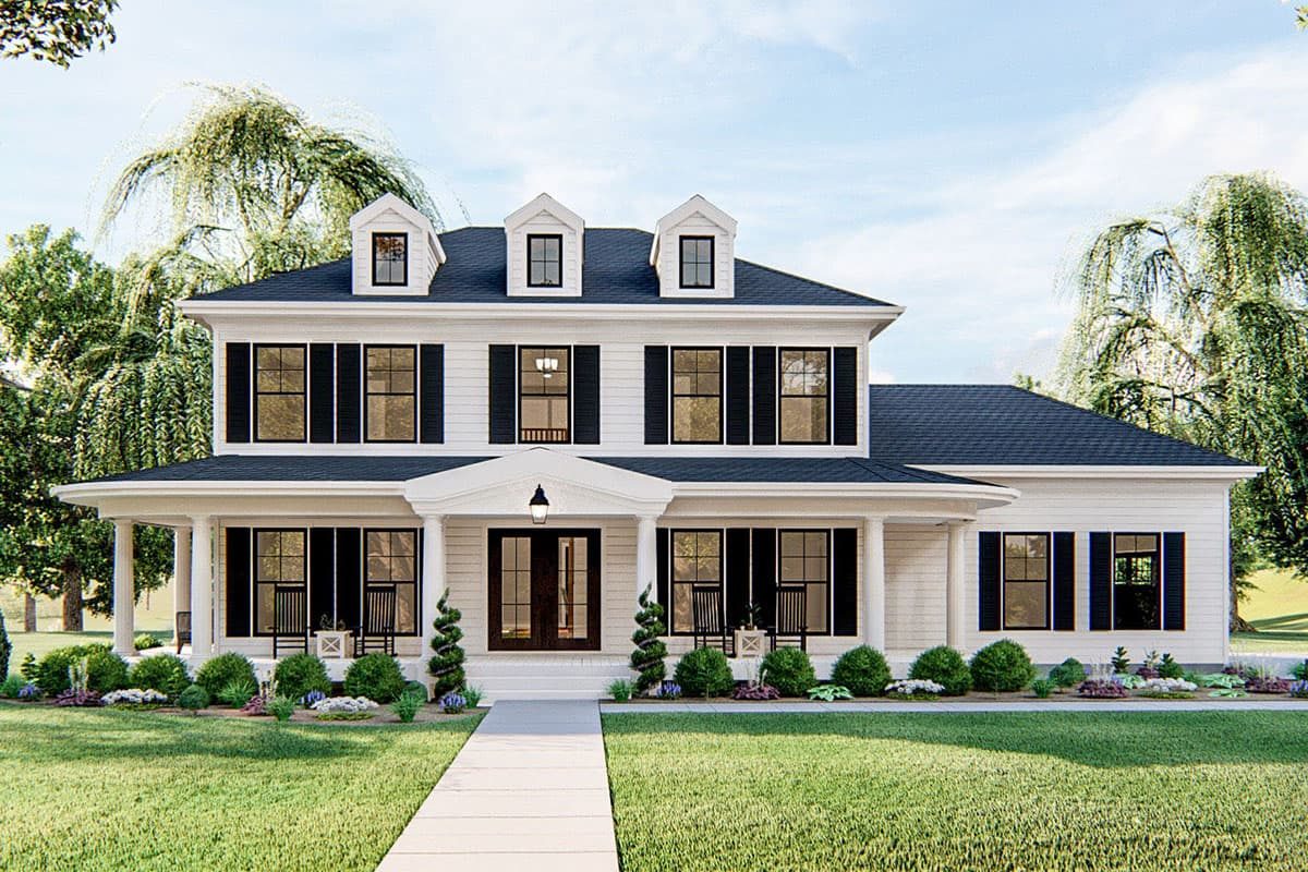 A rendering of a white two-storey farmhouse with a full-width columned veranda, a small pedimented portico over the front door, three dormers and a lower side wing