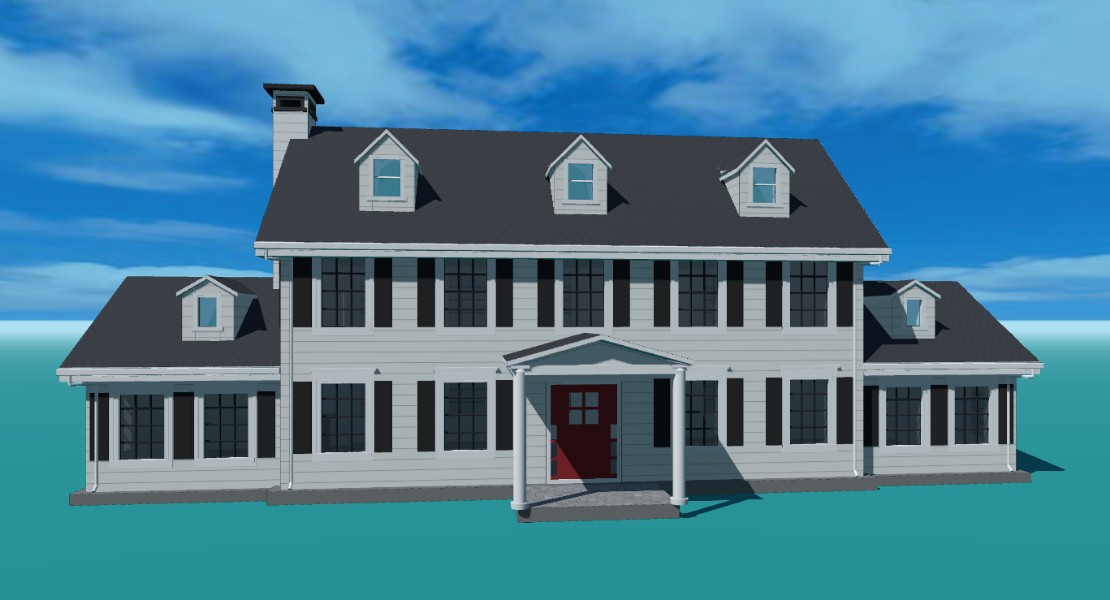 The same house rebuilt as an editable 3D model in Aladdin, seen from the front
