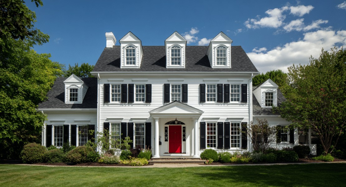 Photograph of a white clapboard Colonial house with black shutters, three pedimented dormers, a pedimented portico over a red front door, a white chimney, and a lower one-storey wing at each end