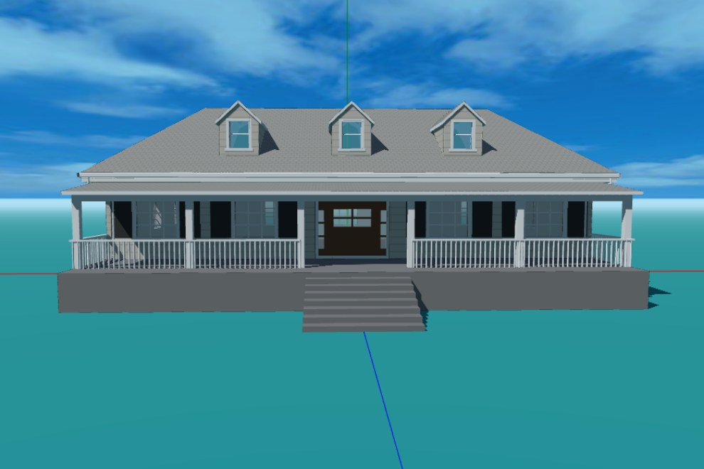 The same house rebuilt as an editable 3D model in Aladdin, seen straight on