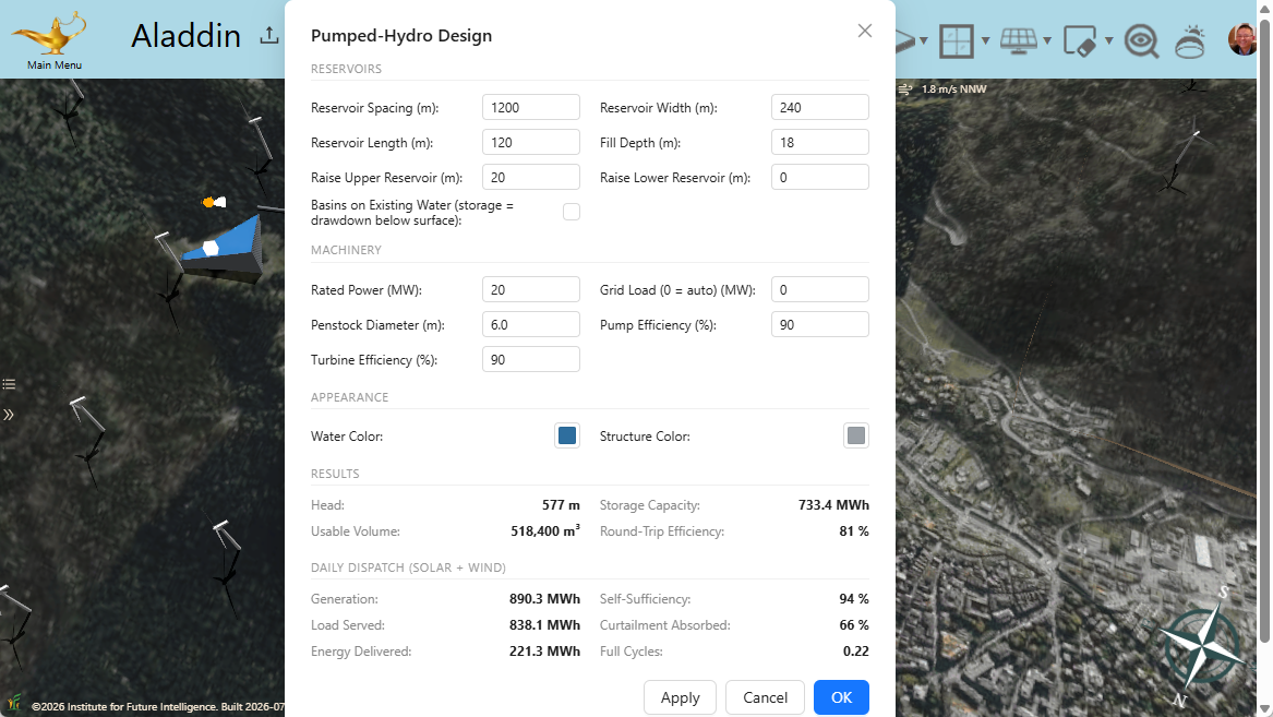 The pumped-hydro design dialog in Aladdin, with live storage results