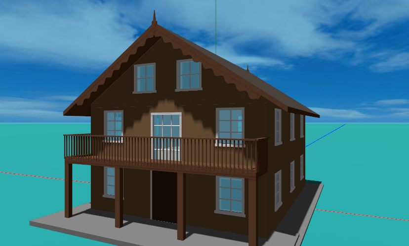 A Swiss chalet with the gable facing front, deep eaves and a full-width upper balcony on timber posts