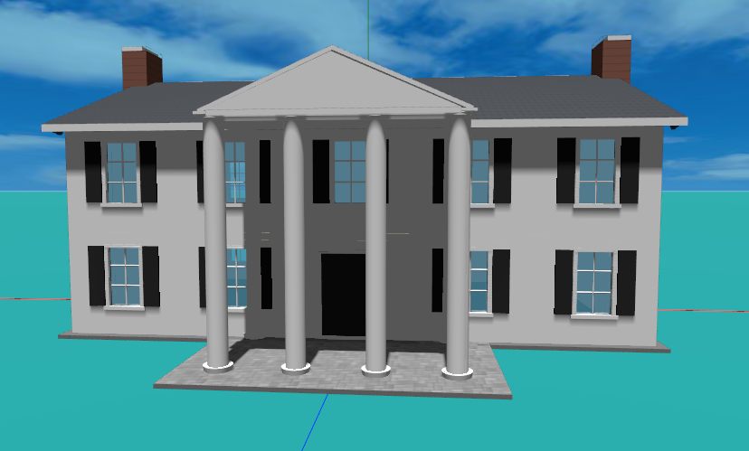 A Greek Revival mansion: white body under a low side gable, with a colossal two-story portico of round columns rising to a pediment, and paired end chimneys