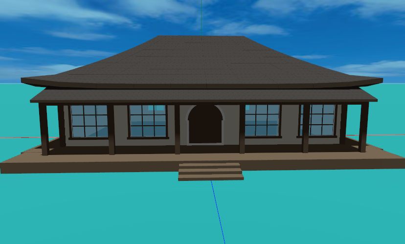 A Japanese minka farmhouse with a gently concave hip roof, deep eaves and an engawa veranda