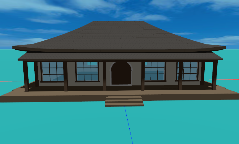 A Japanese minka farmhouse with a gently concave hip roof, deep eaves and an engawa veranda