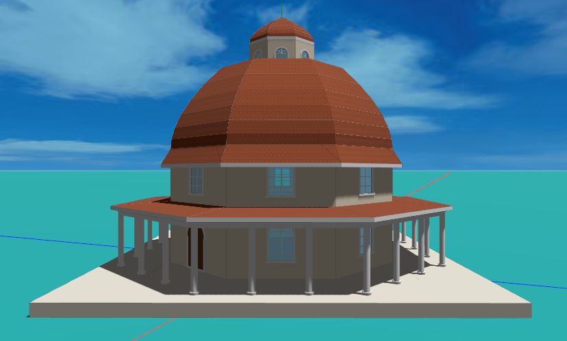 An octagon house after the Armour-Stiner house: eight sides under a bell-shaped dome, a colonnaded veranda wrapping every side, and a windowed belvedere on top